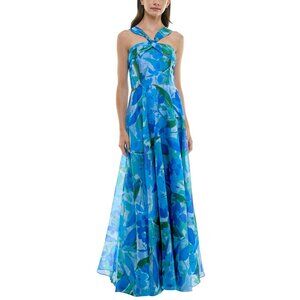 NWT Taylor Womens Twisted Halter Printed Gown Dress 9185S Sapphire Blue 14